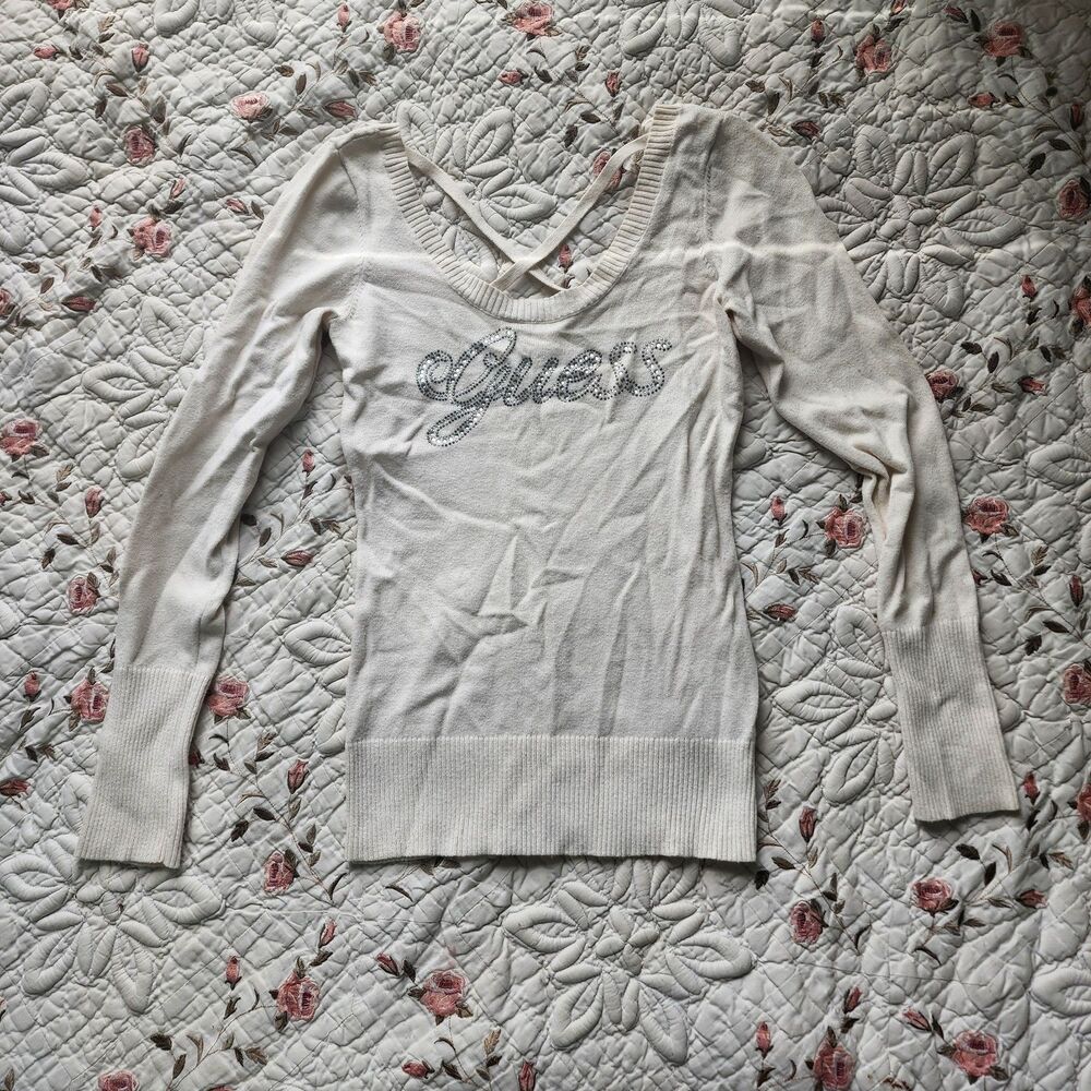 Vintage Y2K GUESS Rhinestone Logo V-Neck Sweater Off-White Knit Top Size S